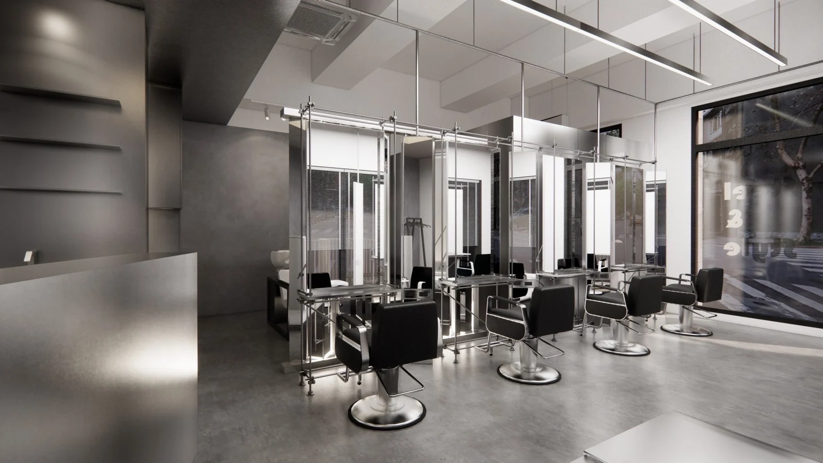 Salon chairs, mirrors and the main interior